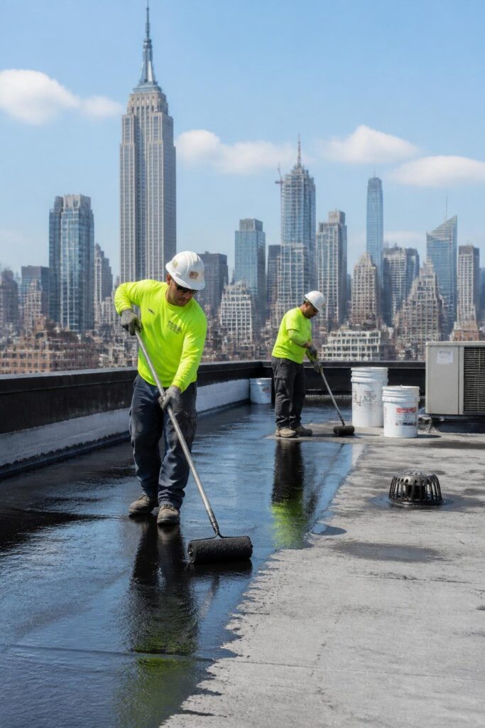 Workers applying roof waterproof coating in NYC to prevent basement water damage